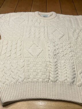 Blarney Woollen Mills Cream Cable-Knit Crewneck Fishermans Sweater M 100% Wool